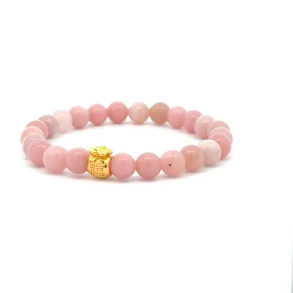 18K Gold Money Bag Lucky Charm Bracelet Gemstones Natural Pink Opal 6mm - Picture 1 of 5